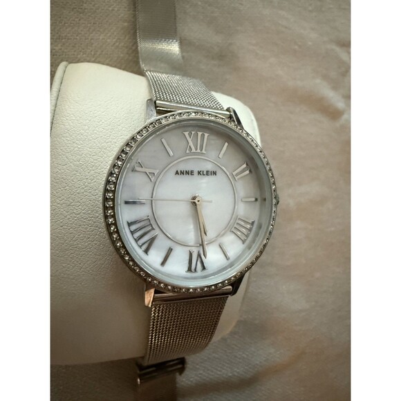 Anne Klein Womens Watch Silver Tone Mesh Bracelet MOP Dial Swarovski Crystals